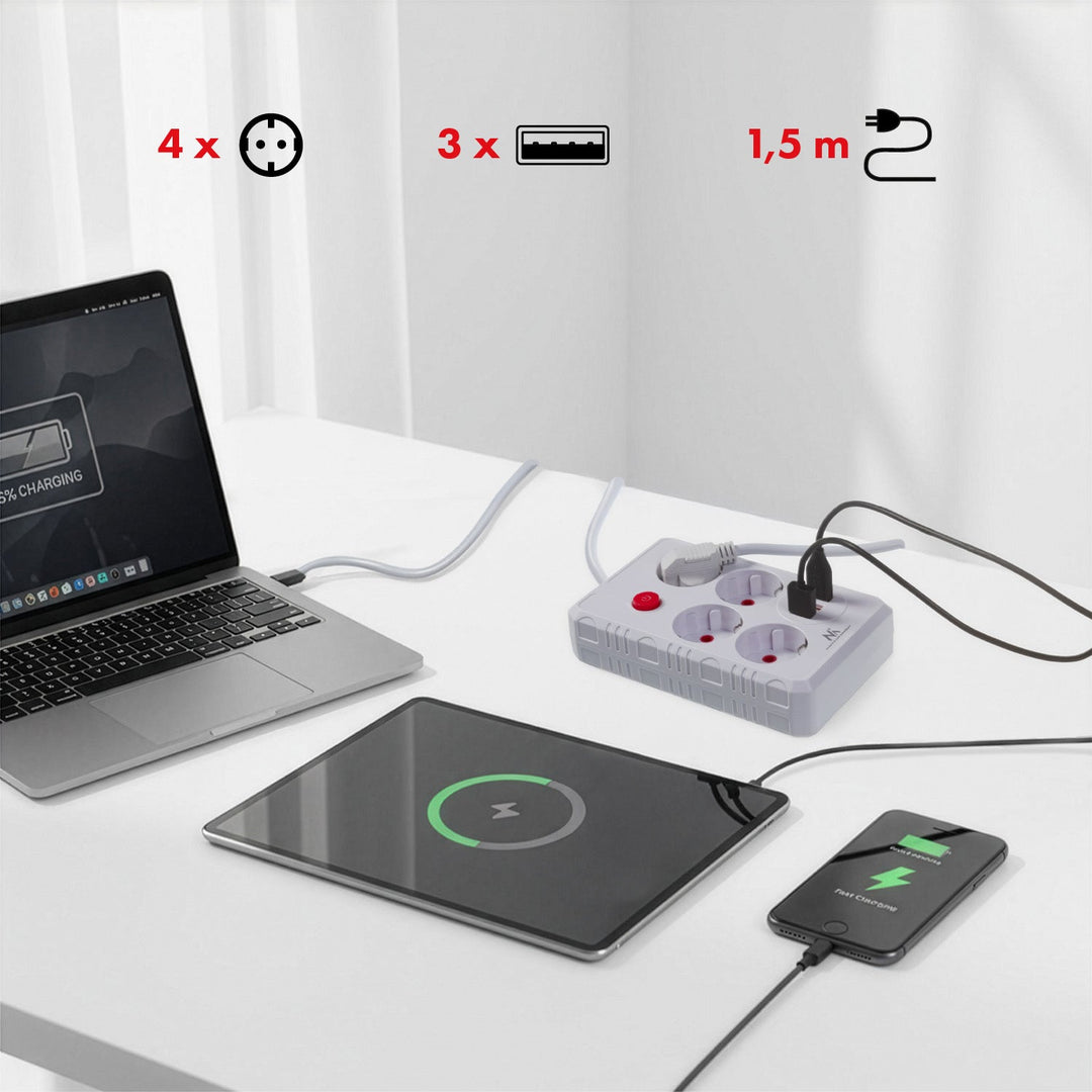 Maclean produžni kabel s 4 utičnice + 3xUSB, 110-240V AC 50/60Hz, 2.1A max 2500W, 1.5m, bijeli, MCE392 W
