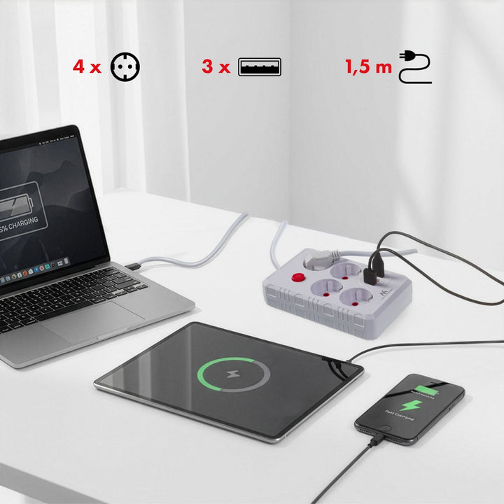 Maclean produžni kabel s 4 utičnice + 3xUSB, 110-240V AC 50/60Hz, 2.1A max 2500W, 1.5m, bijeli, MCE392 W