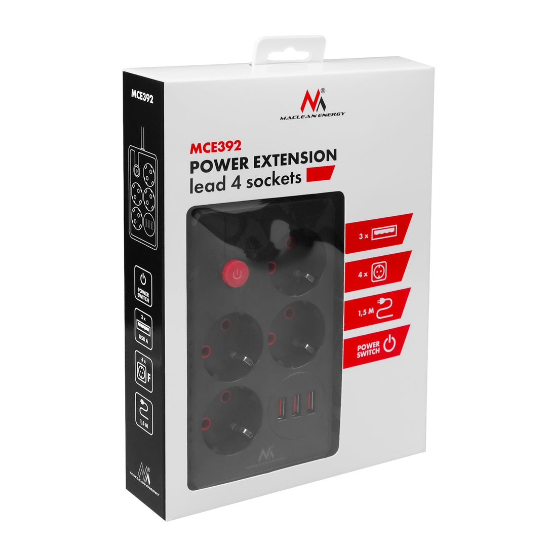 Maclean produžni kabel s 4 utičnice + 3xUSB, 110-240V AC 50/60Hz, 2.1A max 2500W, 1.5m, crni, MCE392 B
