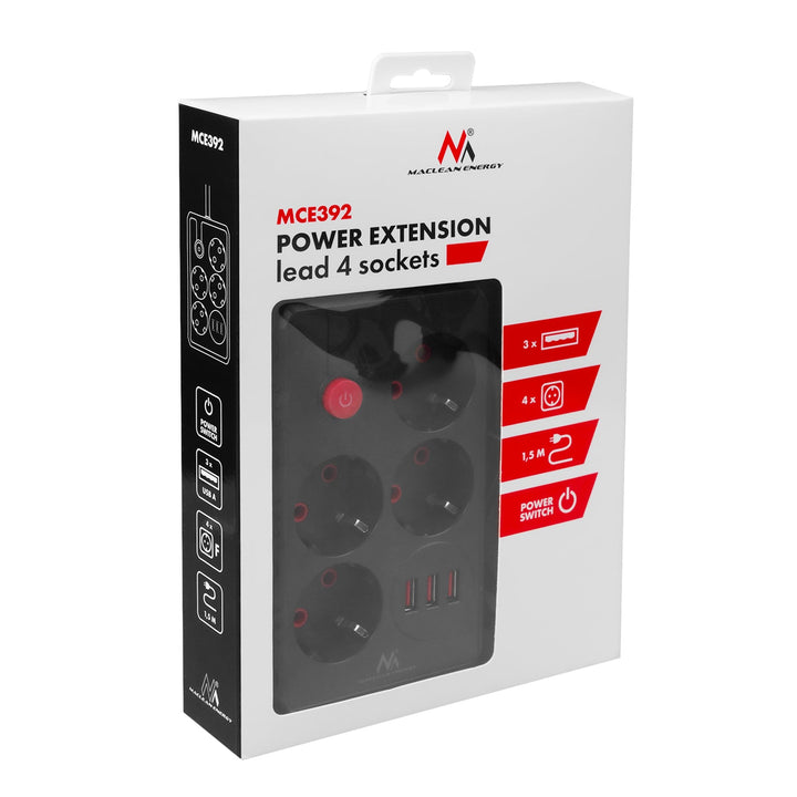 Maclean produžni kabel s 4 utičnice + 3xUSB, 110-240V AC 50/60Hz, 2.1A max 2500W, 1.5m, crni, MCE392 B