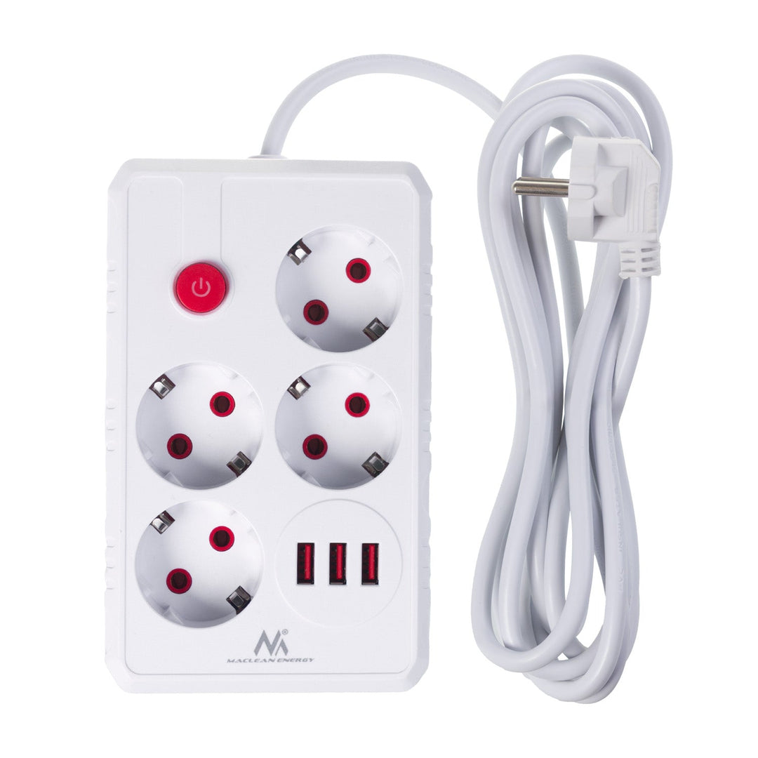 Maclean produžni kabel s 4 utičnice + 3xUSB, 110-240V AC 50/60Hz, 2.1A max 2500W, 3m, bijeli, MCE393 W