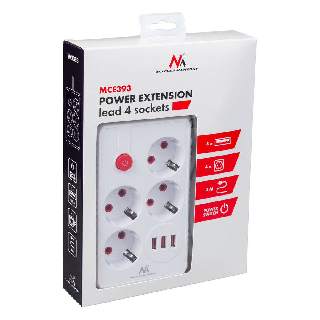Maclean produžni kabel s 4 utičnice + 3xUSB, 110-240V AC 50/60Hz, 2.1A max 2500W, 3m, bijeli, MCE393 W