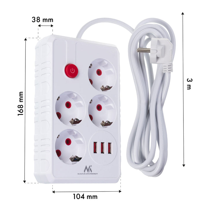 Maclean produžni kabel s 4 utičnice + 3xUSB, 110-240V AC 50/60Hz, 2.1A max 2500W, 3m, bijeli, MCE393 W