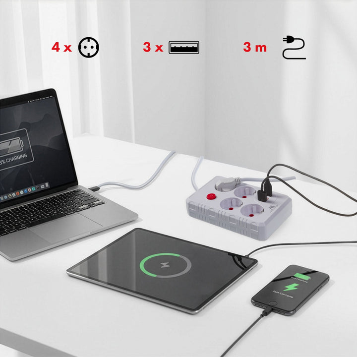Maclean produžni kabel s 4 utičnice + 3xUSB, 110-240V AC 50/60Hz, 2.1A max 2500W, 3m, bijeli, MCE393 W