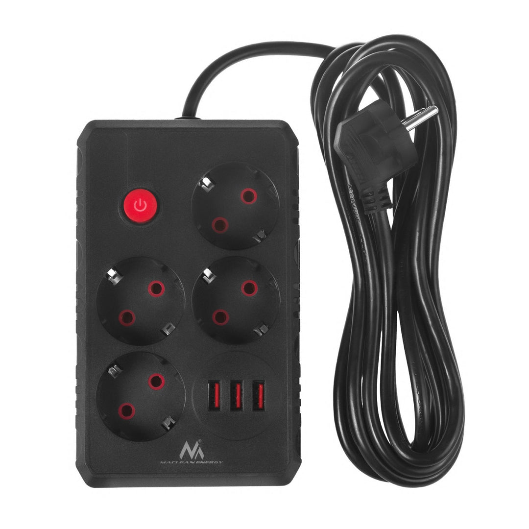 Maclean produžni kabel s 4 utičnice + 3xUSB, 110-240V AC 50/60Hz, 2.1A max 2500W, 3m, crni, MCE393 B