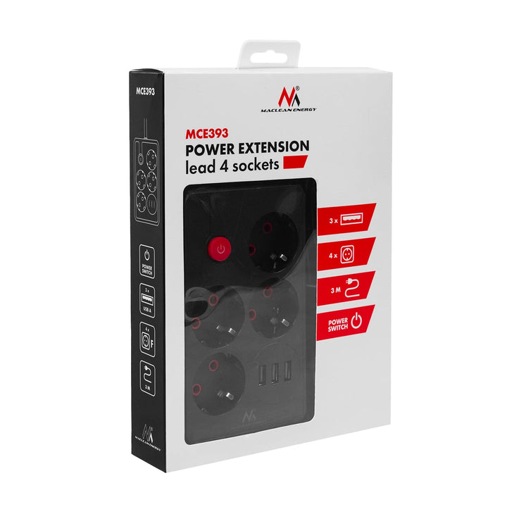 Maclean produžni kabel s 4 utičnice + 3xUSB, 110-240V AC 50/60Hz, 2.1A max 2500W, 3m, crni, MCE393 B