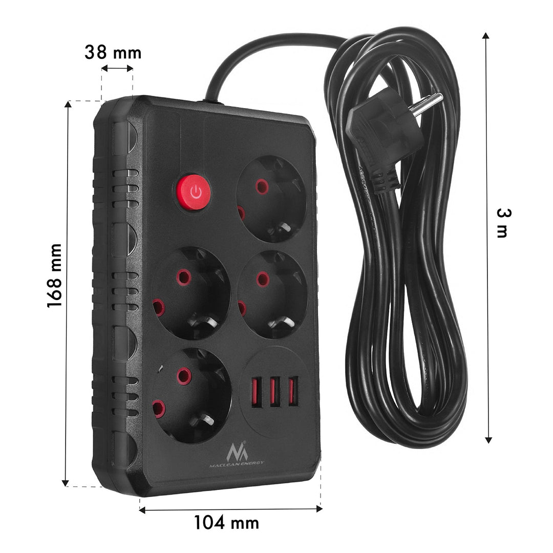 Maclean produžni kabel s 4 utičnice + 3xUSB, 110-240V AC 50/60Hz, 2.1A max 2500W, 3m, crni, MCE393 B