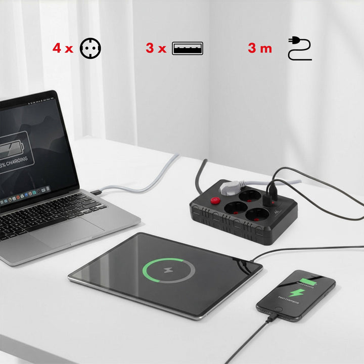 Maclean produžni kabel s 4 utičnice + 3xUSB, 110-240V AC 50/60Hz, 2.1A max 2500W, 3m, crni, MCE393 B