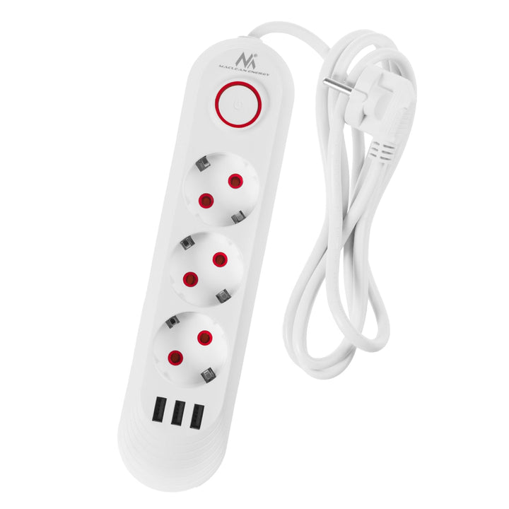 Maclean produžni kabel s 3 utičnice + 3xUSB, 110-240V AC 50/60Hz, 2.1A max 2500W, 1.5m, bijeli, MCE394 W