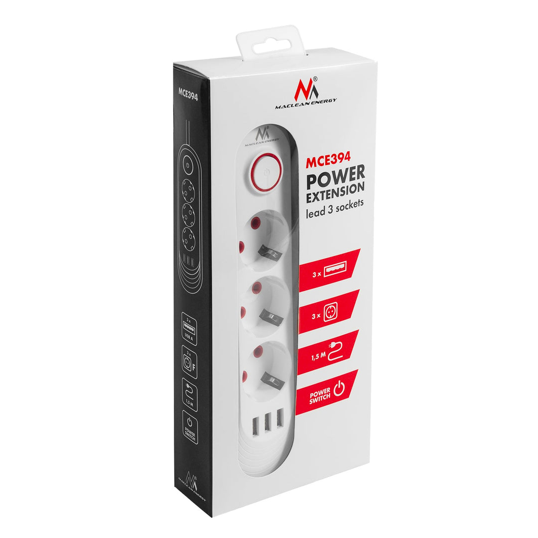 Maclean produžni kabel s 3 utičnice + 3xUSB, 110-240V AC 50/60Hz, 2.1A max 2500W, 1.5m, bijeli, MCE394 W