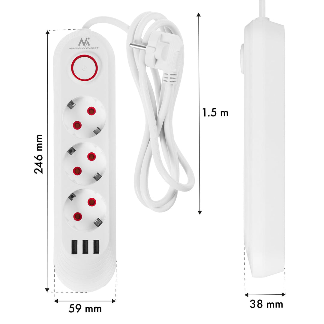 Maclean produžni kabel s 3 utičnice + 3xUSB, 110-240V AC 50/60Hz, 2.1A max 2500W, 1.5m, bijeli, MCE394 W