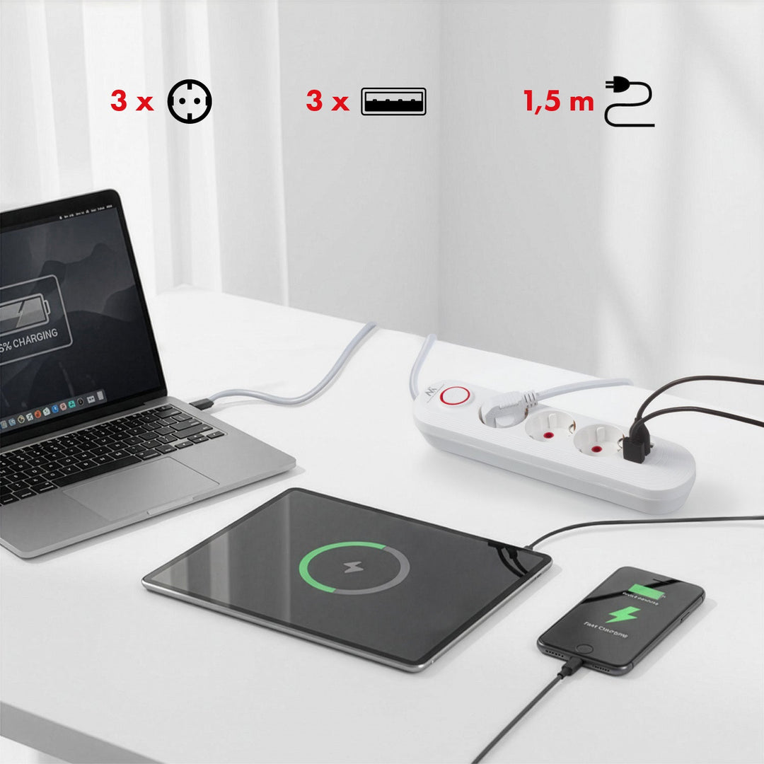Maclean produžni kabel s 3 utičnice + 3xUSB, 110-240V AC 50/60Hz, 2.1A max 2500W, 1.5m, bijeli, MCE394 W