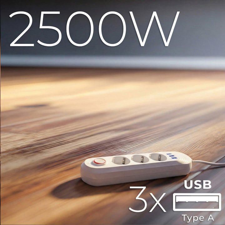 Maclean produžni kabel s 3 utičnice + 3xUSB, 110-240V AC 50/60Hz, 2.1A max 2500W, 1.5m, bijeli, MCE394 W
