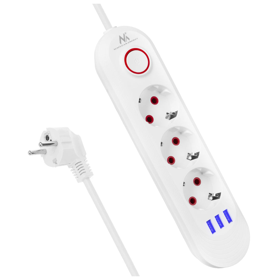 Maclean produžni kabel s 3 utičnice + 3xUSB, 110-240V AC 50/60Hz, 2.1A max 2500W, 1.5m, bijeli, MCE394 W