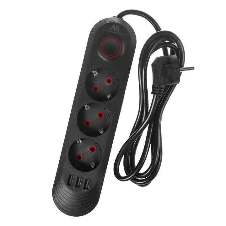 Maclean produžni kabel s 3 utičnice + 3xUSB, 110-240V AC 50/60Hz, 2.1A max 2500W, 1.5m, crna, MCE394 B