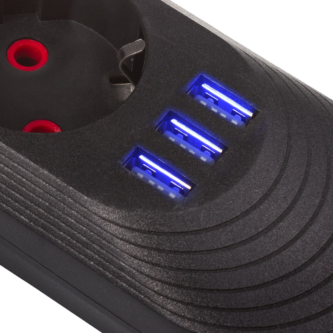 Maclean produžni kabel s 3 utičnice + 3xUSB, 110-240V AC 50/60Hz, 2.1A max 2500W, 1.5m, crna, MCE394 B