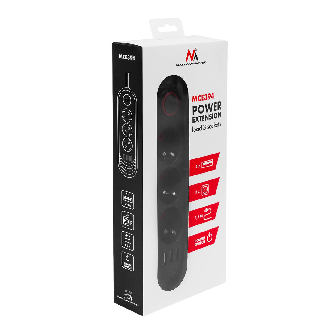 Maclean produžni kabel s 3 utičnice + 3xUSB, 110-240V AC 50/60Hz, 2.1A max 2500W, 1.5m, crna, MCE394 B