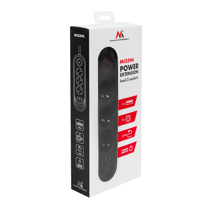 Maclean produžni kabel s 3 utičnice + 3xUSB, 110-240V AC 50/60Hz, 2.1A max 2500W, 1.5m, crna, MCE394 B