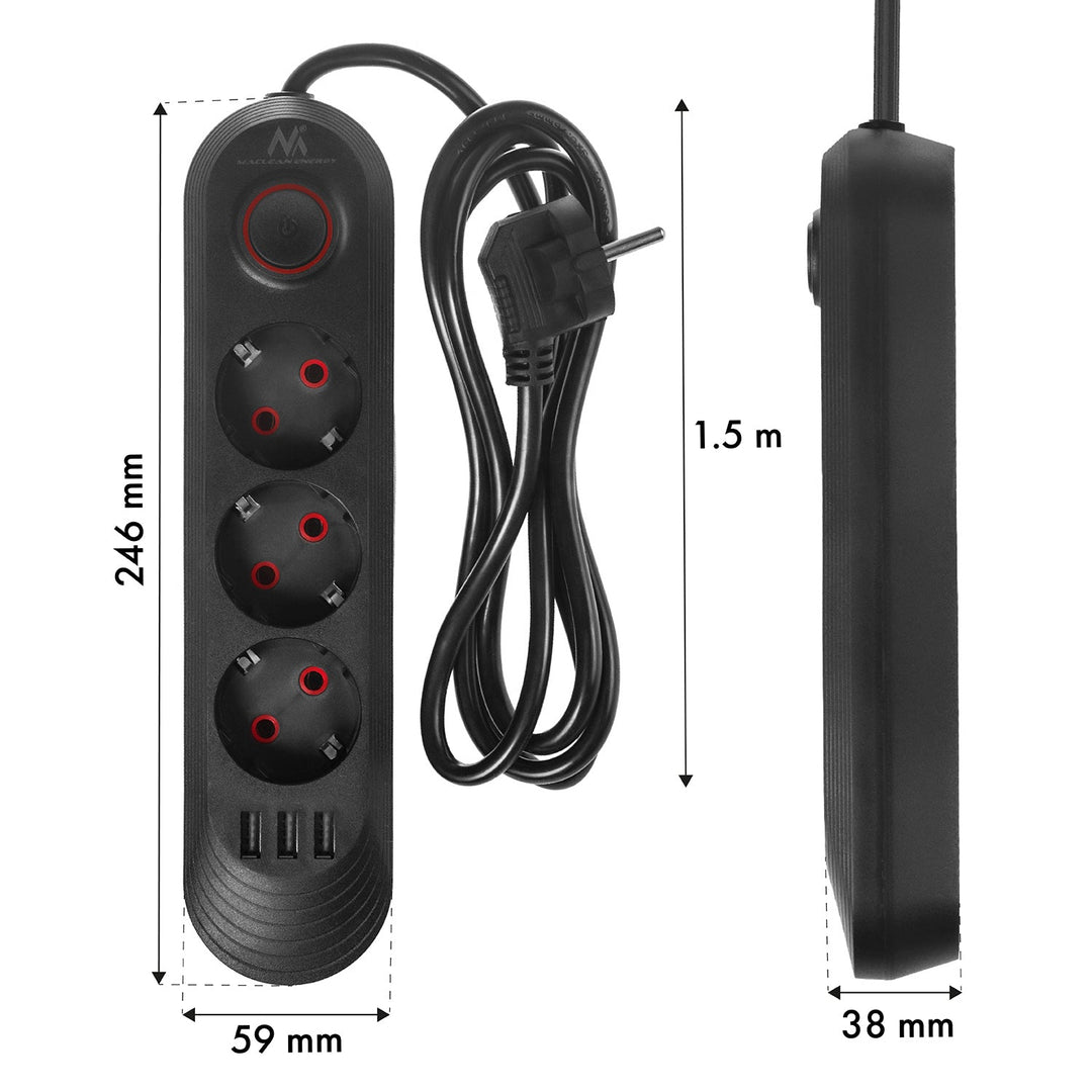 Maclean produžni kabel s 3 utičnice + 3xUSB, 110-240V AC 50/60Hz, 2.1A max 2500W, 1.5m, crna, MCE394 B