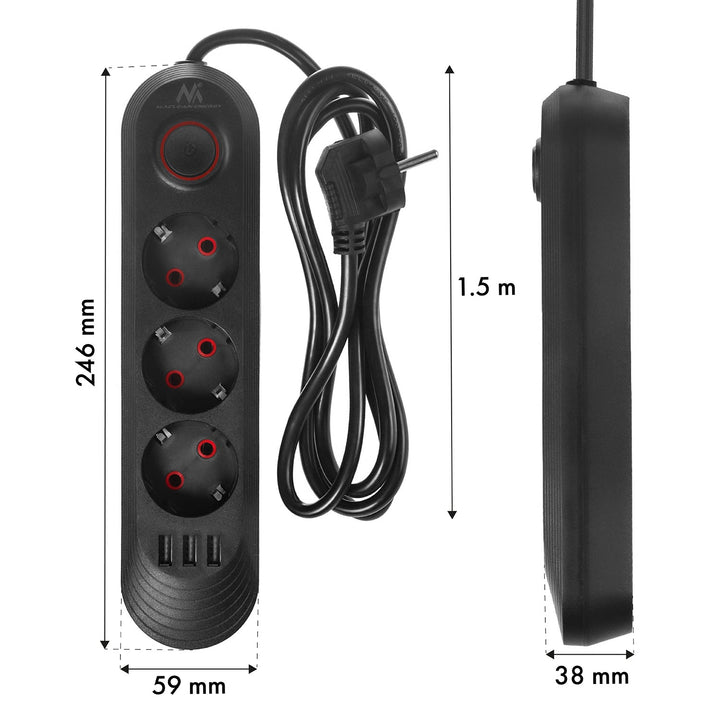 Maclean produžni kabel s 3 utičnice + 3xUSB, 110-240V AC 50/60Hz, 2.1A max 2500W, 1.5m, crna, MCE394 B