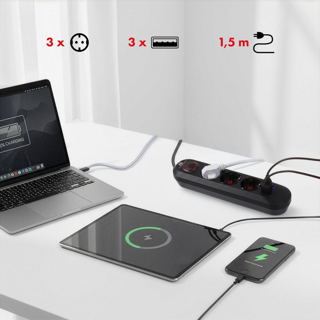 Maclean produžni kabel s 3 utičnice + 3xUSB, 110-240V AC 50/60Hz, 2.1A max 2500W, 1.5m, crna, MCE394 B