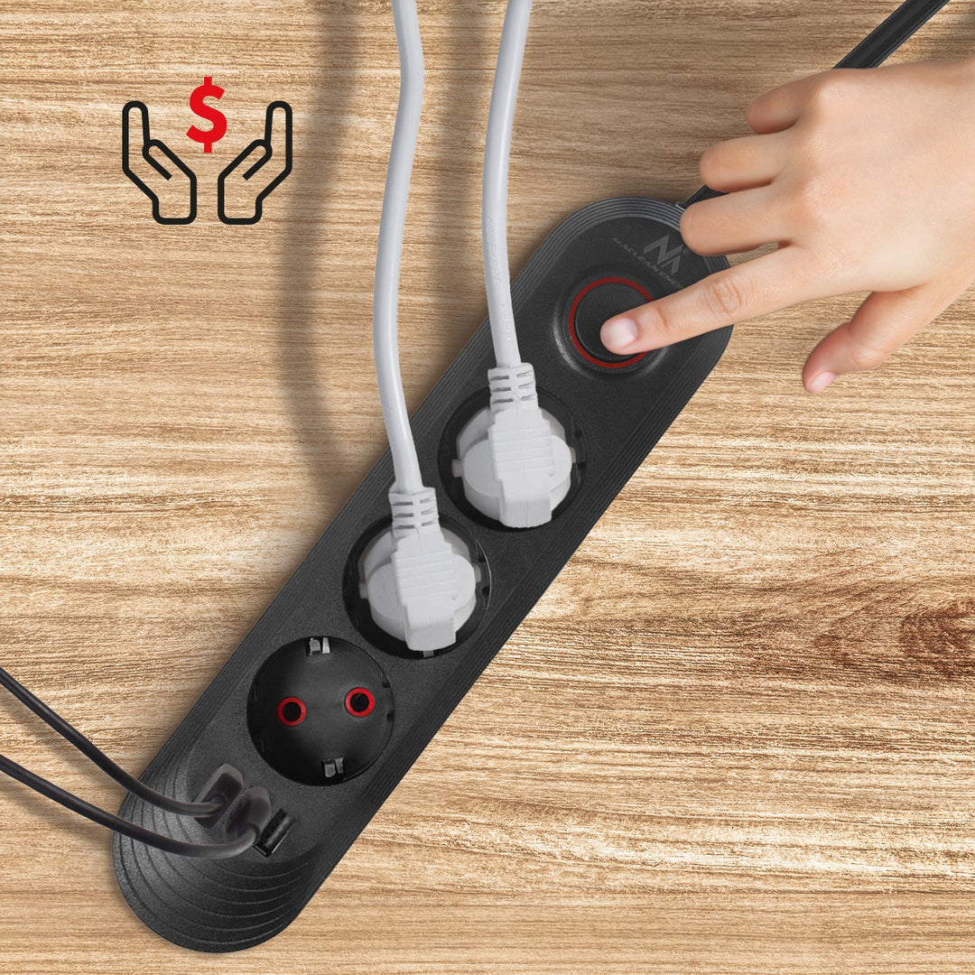 Maclean produžni kabel s 3 utičnice + 3xUSB, 110-240V AC 50/60Hz, 2.1A max 2500W, 1.5m, crna, MCE394 B