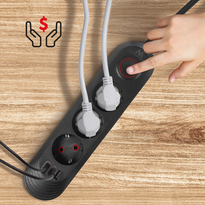 Maclean produžni kabel s 3 utičnice + 3xUSB, 110-240V AC 50/60Hz, 2.1A max 2500W, 1.5m, crna, MCE394 B