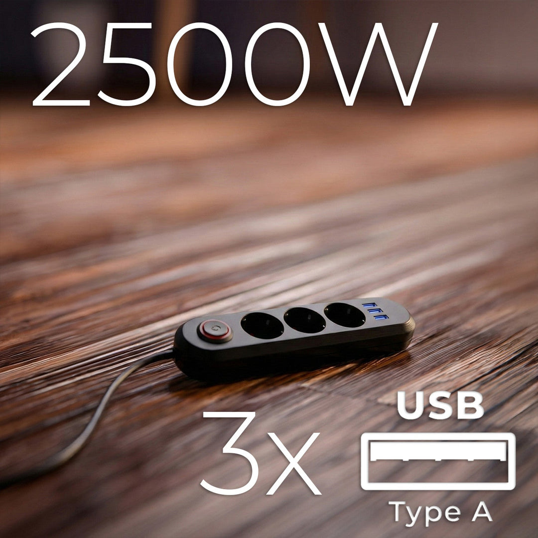 Maclean produžni kabel s 3 utičnice + 3xUSB, 110-240V AC 50/60Hz, 2.1A max 2500W, 1.5m, crna, MCE394 B
