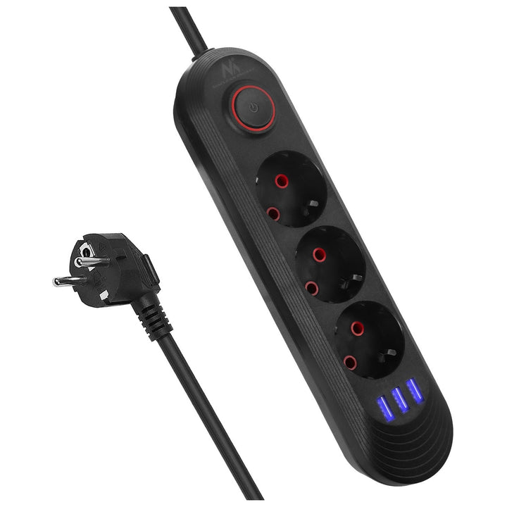 Maclean produžni kabel s 3 utičnice + 3xUSB, 110-240V AC 50/60Hz, 2.1A max 2500W, 1.5m, crna, MCE394 B
