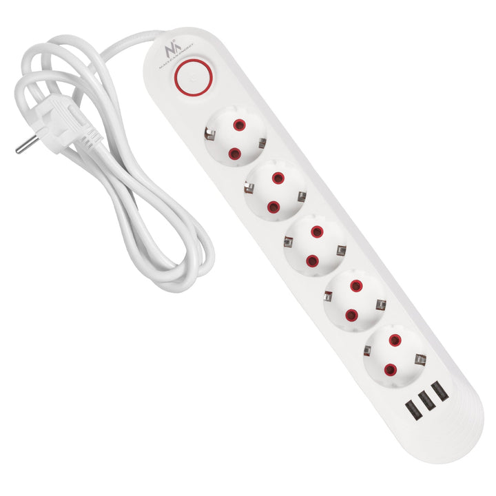 Maclean produžni kabel s 5 utičnica + 3xUSB, 110-240V AC 50/60Hz, 2.1A max 2500W, 1.5m, bijeli, MCE395 W