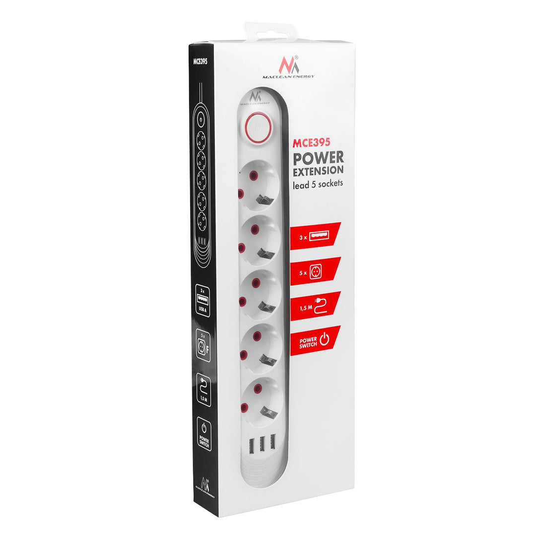 Maclean produžni kabel s 5 utičnica + 3xUSB, 110-240V AC 50/60Hz, 2.1A max 2500W, 1.5m, bijeli, MCE395 W