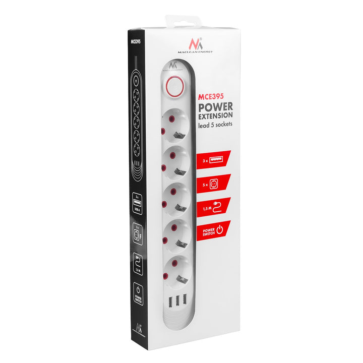 Maclean produžni kabel s 5 utičnica + 3xUSB, 110-240V AC 50/60Hz, 2.1A max 2500W, 1.5m, bijeli, MCE395 W