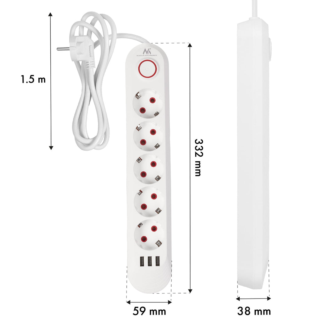 Maclean produžni kabel s 5 utičnica + 3xUSB, 110-240V AC 50/60Hz, 2.1A max 2500W, 1.5m, bijeli, MCE395 W