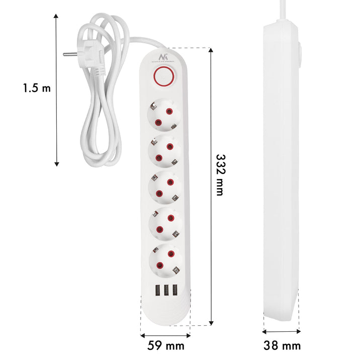 Maclean produžni kabel s 5 utičnica + 3xUSB, 110-240V AC 50/60Hz, 2.1A max 2500W, 1.5m, bijeli, MCE395 W