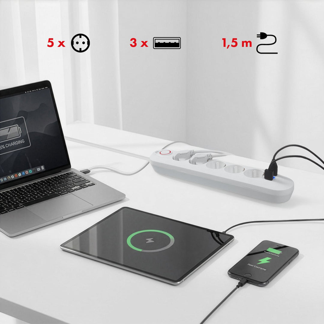 Maclean produžni kabel s 5 utičnica + 3xUSB, 110-240V AC 50/60Hz, 2.1A max 2500W, 1.5m, bijeli, MCE395 W