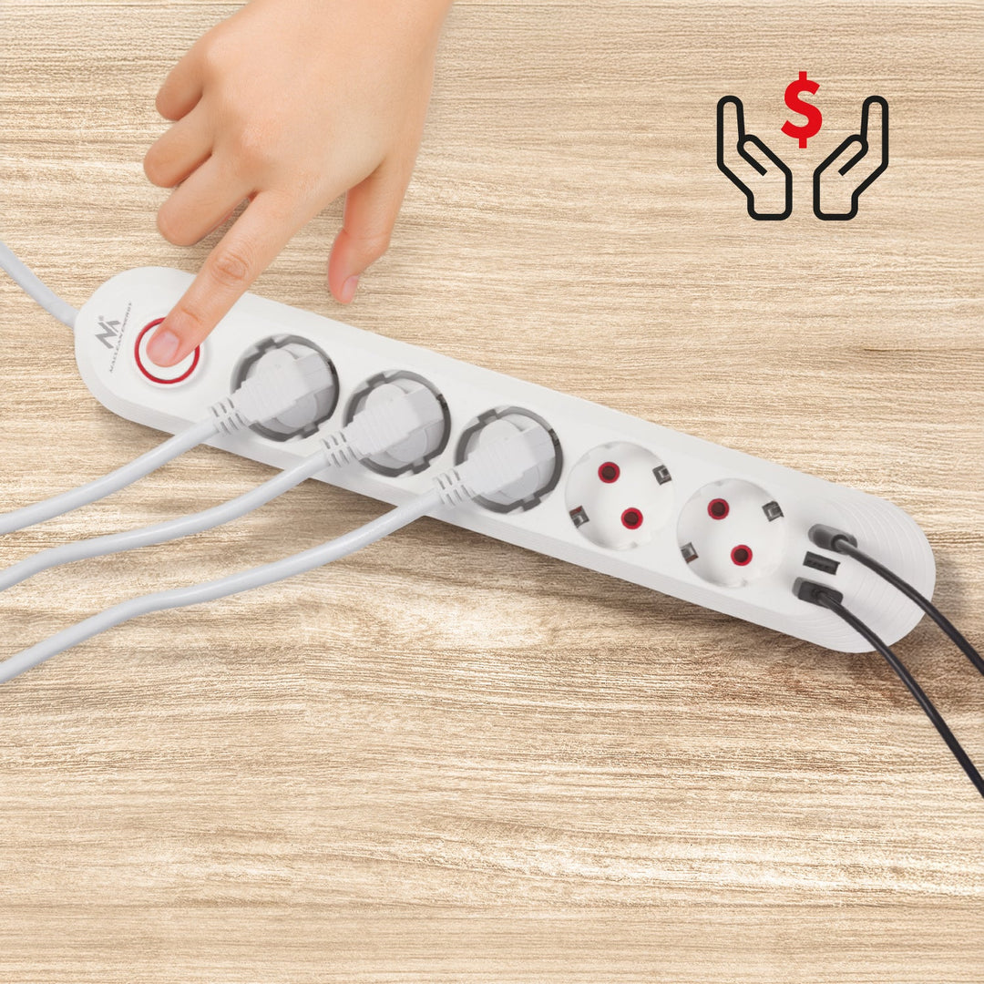 Maclean produžni kabel s 5 utičnica + 3xUSB, 110-240V AC 50/60Hz, 2.1A max 2500W, 1.5m, bijeli, MCE395 W