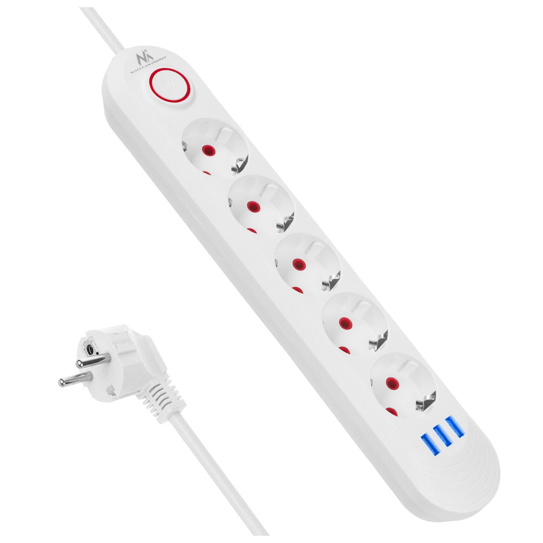Maclean produžni kabel s 5 utičnica + 3xUSB, 110-240V AC 50/60Hz, 2.1A max 2500W, 1.5m, bijeli, MCE395 W