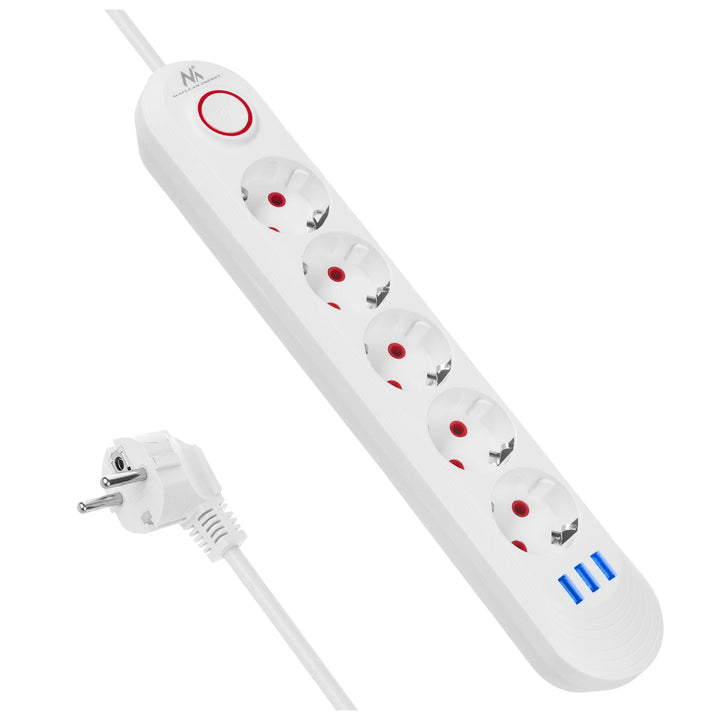 Maclean produžni kabel s 5 utičnica + 3xUSB, 110-240V AC 50/60Hz, 2.1A max 2500W, 1.5m, bijeli, MCE395 W