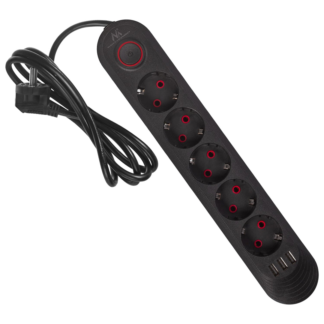 Maclean produžni kabel s 5 utičnica + 3xUSB, 110-240V AC 50/60Hz, 2.1A max 2500W, 1.5m, crni, MCE395 B