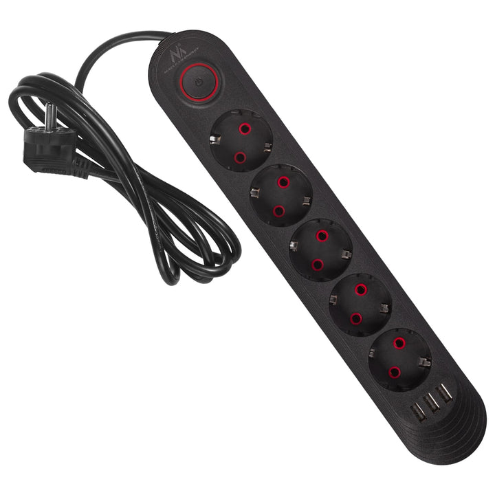Maclean produžni kabel s 5 utičnica + 3xUSB, 110-240V AC 50/60Hz, 2.1A max 2500W, 1.5m, crni, MCE395 B