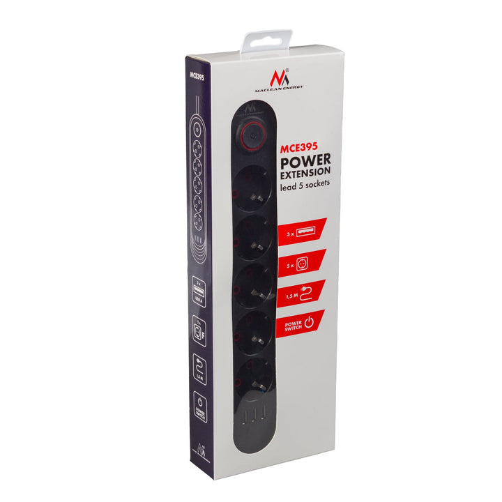 Maclean produžni kabel s 5 utičnica + 3xUSB, 110-240V AC 50/60Hz, 2.1A max 2500W, 1.5m, crni, MCE395 B