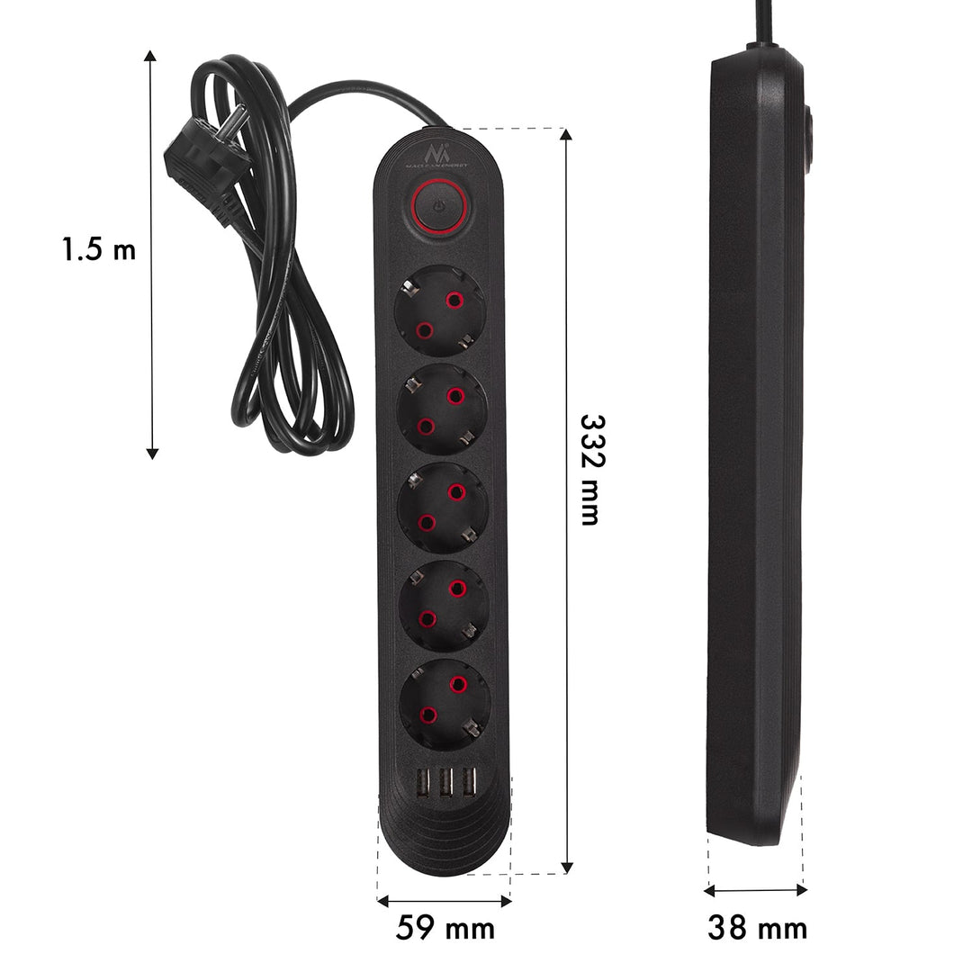 Maclean produžni kabel s 5 utičnica + 3xUSB, 110-240V AC 50/60Hz, 2.1A max 2500W, 1.5m, crni, MCE395 B