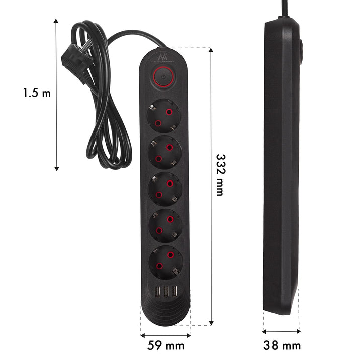 Maclean produžni kabel s 5 utičnica + 3xUSB, 110-240V AC 50/60Hz, 2.1A max 2500W, 1.5m, crni, MCE395 B