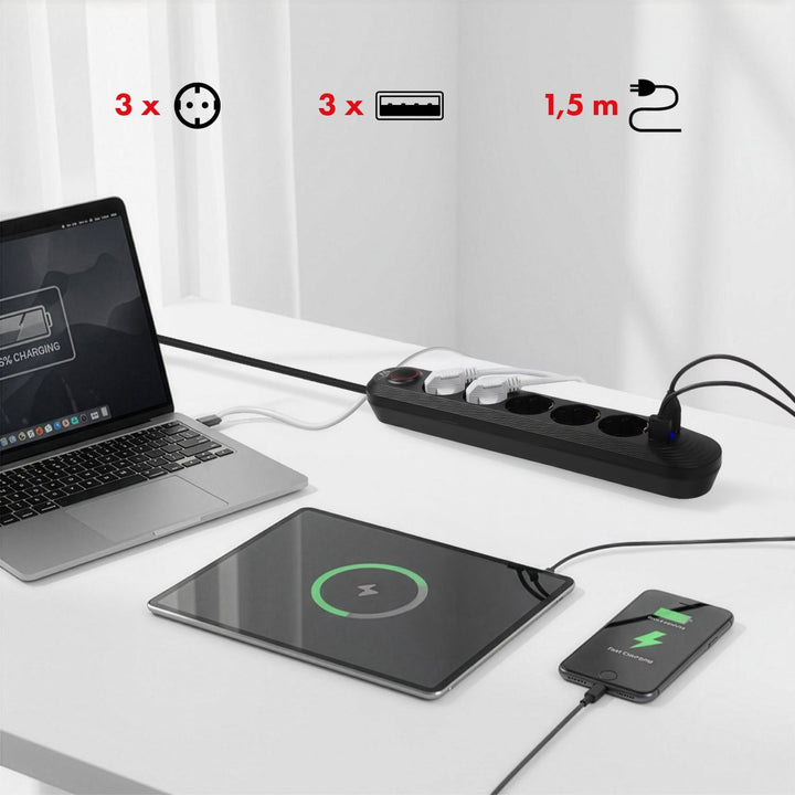 Maclean produžni kabel s 5 utičnica + 3xUSB, 110-240V AC 50/60Hz, 2.1A max 2500W, 1.5m, crni, MCE395 B