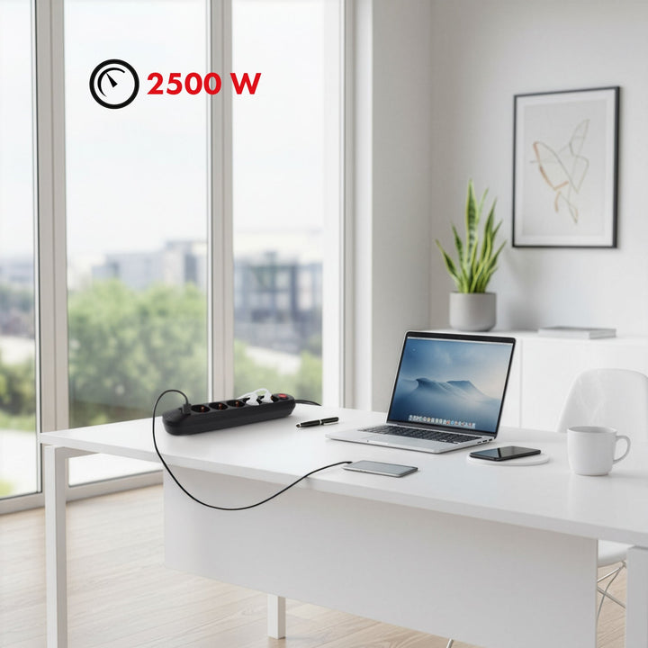 Maclean produžni kabel s 5 utičnica + 3xUSB, 110-240V AC 50/60Hz, 2.1A max 2500W, 1.5m, crni, MCE395 B