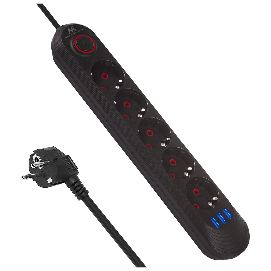 Maclean produžni kabel s 5 utičnica + 3xUSB, 110-240V AC 50/60Hz, 2.1A max 2500W, 1.5m, crni, MCE395 B