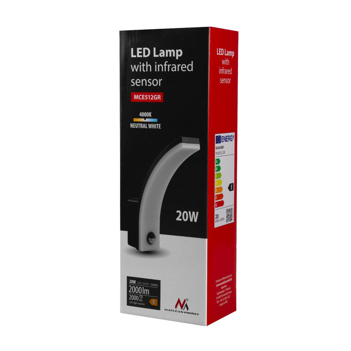 Maclean LED lampa s senzorom pokreta, PIR senzor pokreta, siva, 20 W, IP65, 2000 lm, neutralno bijela boja (4000 K) MCE512 GR, 2 komada