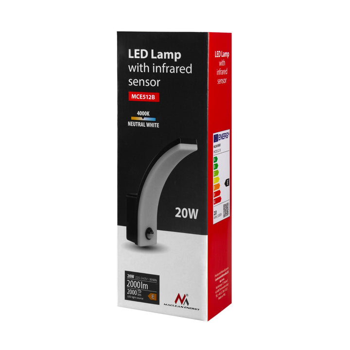 Maclean LED lampa s senzorom pokreta, PIR senzor pokreta, crna, 20 W, IP65, 2000 lm, neutralno bijela boja (4000 K) MCE512 B, 2 komada