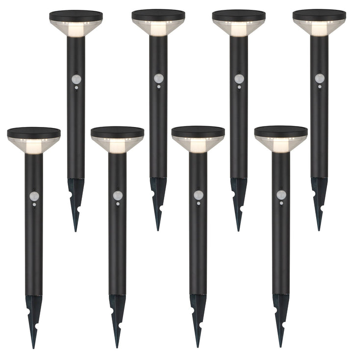 Maclean solarna LED lampa, s senzorom, 3 načina rada, za zabijanje u tlo, Li-ion 18650, IP44, 3,7 V, 1200 mAh, crna, MCE465 B, 8 komada