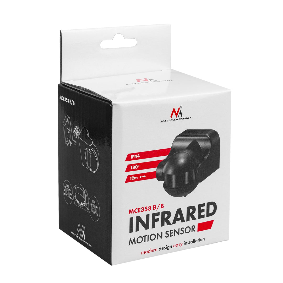 Maclean PIR senzor pokreta, infracrveni, IP44, crni s crnim poklopcem, domet 12 m, maksimalno opterećenje 300/1200 W, MCE358 B/B